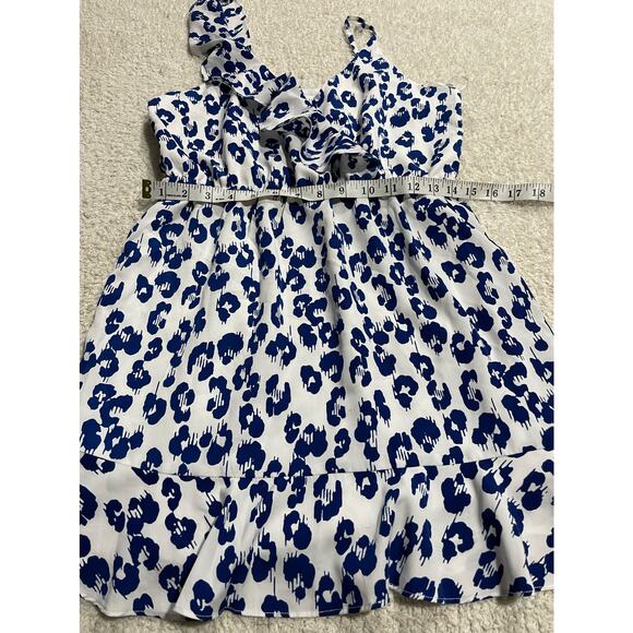 Sugar + Lips Womens Size M One Shoulder Ruffled V Neckline Mini Dress Blue White - Picture 4 of 9
